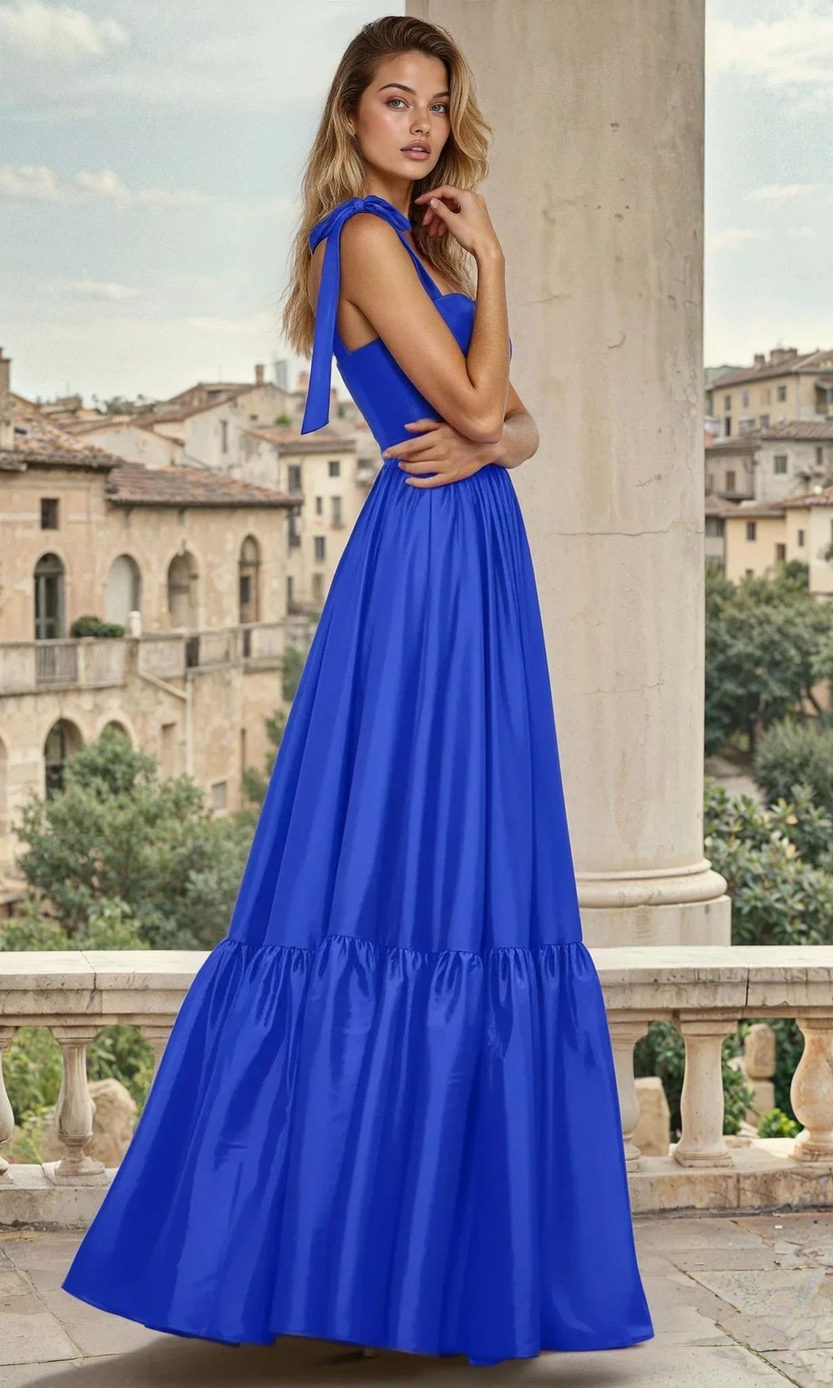 A woman stands on a terrace in the PromGirl Exclusive Prom Dress with Shoulder Bows, a sleeveless, floor-length A-line gown in bright blue; old buildings and greenery create a scenic backdrop.